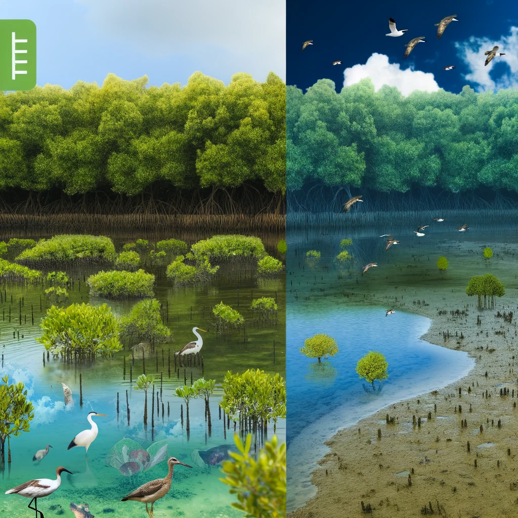 DALL·E 2024 02 17 16.15.25 Create an image that visualizes the concept of Time Travel into Future Wetlands under the impact of climate change. Imagine a scene where elements o