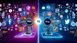 An illustration representing a comparison between Meta AI and Bing AI. The scene is divided into two sections each featuring symbols and icons associ