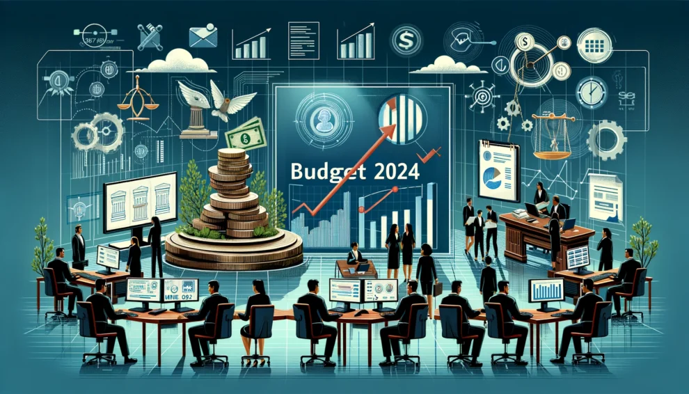 An illustration depicting fintech companies complying with Budget 2024 regulations. The scene includes modern fintech office spaces with employees wor