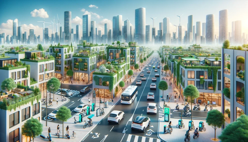 An urban cityscape transformed by electric vehicles. The scene includes modern electric cars electric buses and electric scooters seamlessly integra