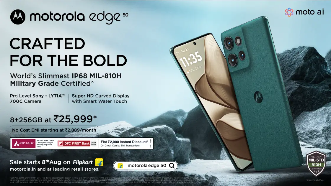 Motorola Unveils World's Slimmest Durable Smartphone, the motorola edge 50, in India