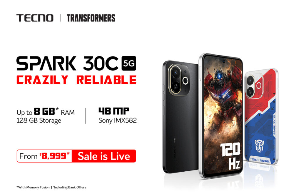 TECNO SPARK 30C Crazily Reliable phone with Transformers-inspired design, 48MP camera, 120Hz display, and 5G. Starting INR 8,999!