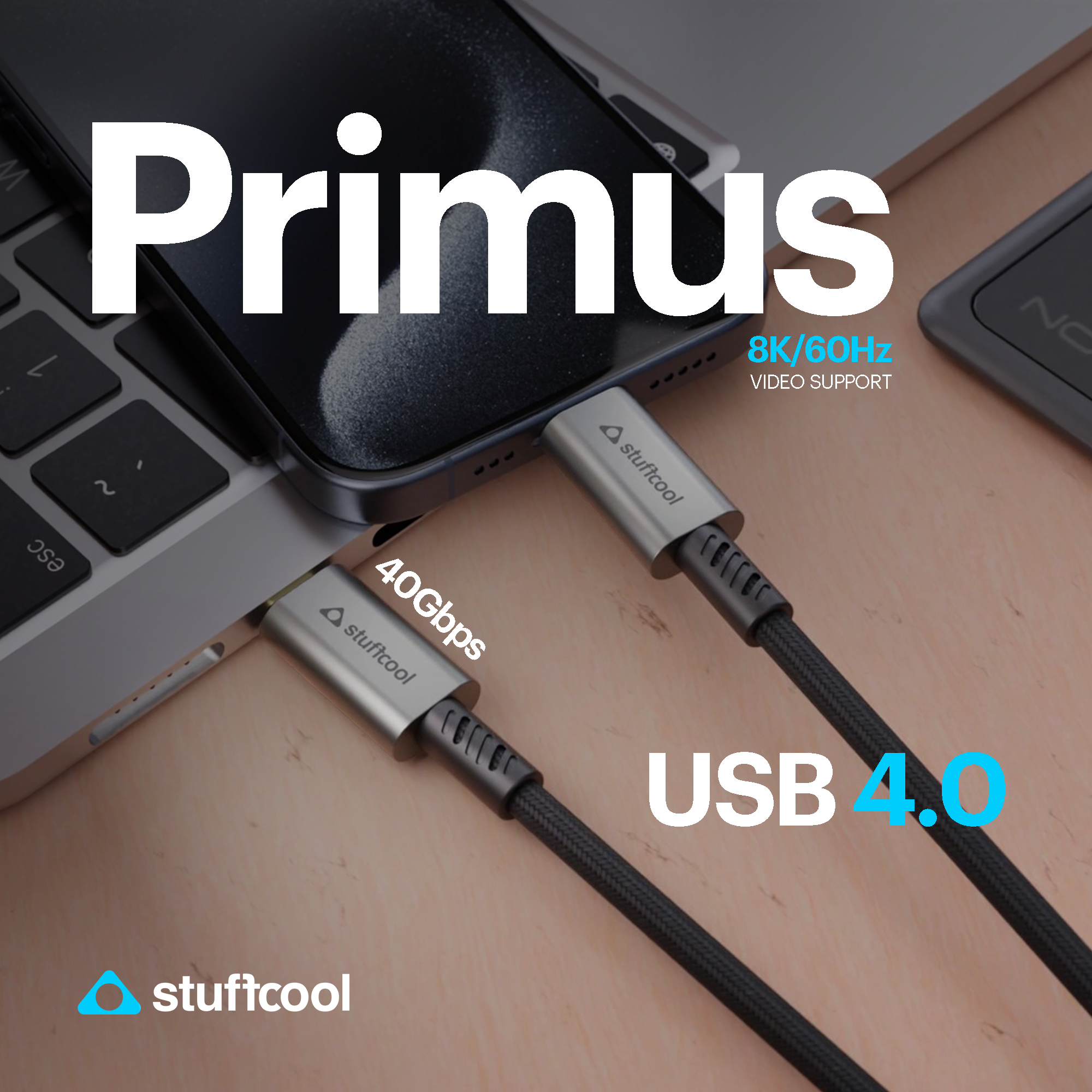 Stuffcool Primus USB 4.0 Type-C to C Cable: 240W Power Delivery & Unbreakable 1.8m Connectivity