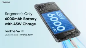 realme 14x offers a 6000mAh battery, 45W Fast Charge, and IP69IP68 water and dust resistance. Smart charging ensures longevity and seamless performance.